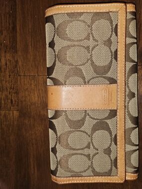 Coach Brown Signature Canvas Trifold Wallet with Tan Leather Trim